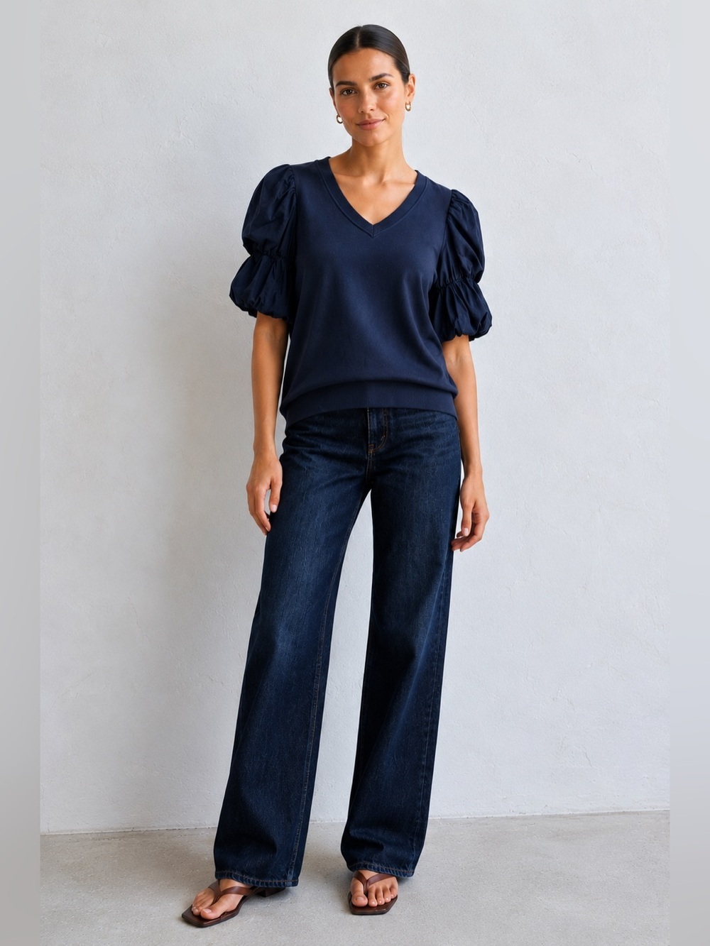Nation LTD Navy Mixed Media Puff Sleeve V Neck Top S